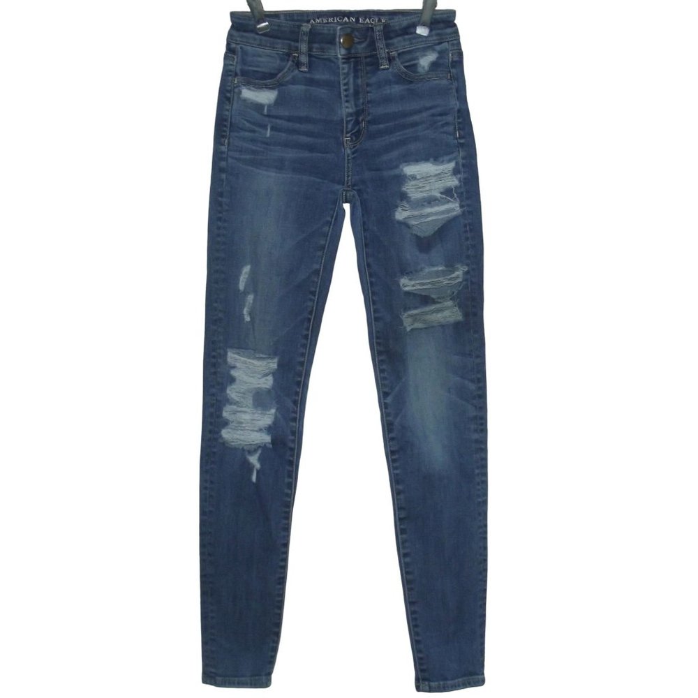 American Eagle 00 x 29" Blue High Rise Jegging Super Stretch X Distressed Jeans